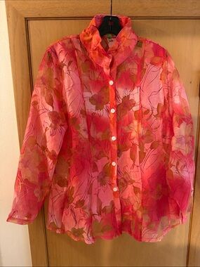 Trisha Tyler Women’s Sheer Floral Button-Up Blouse Shirt Coral Pink Size Large